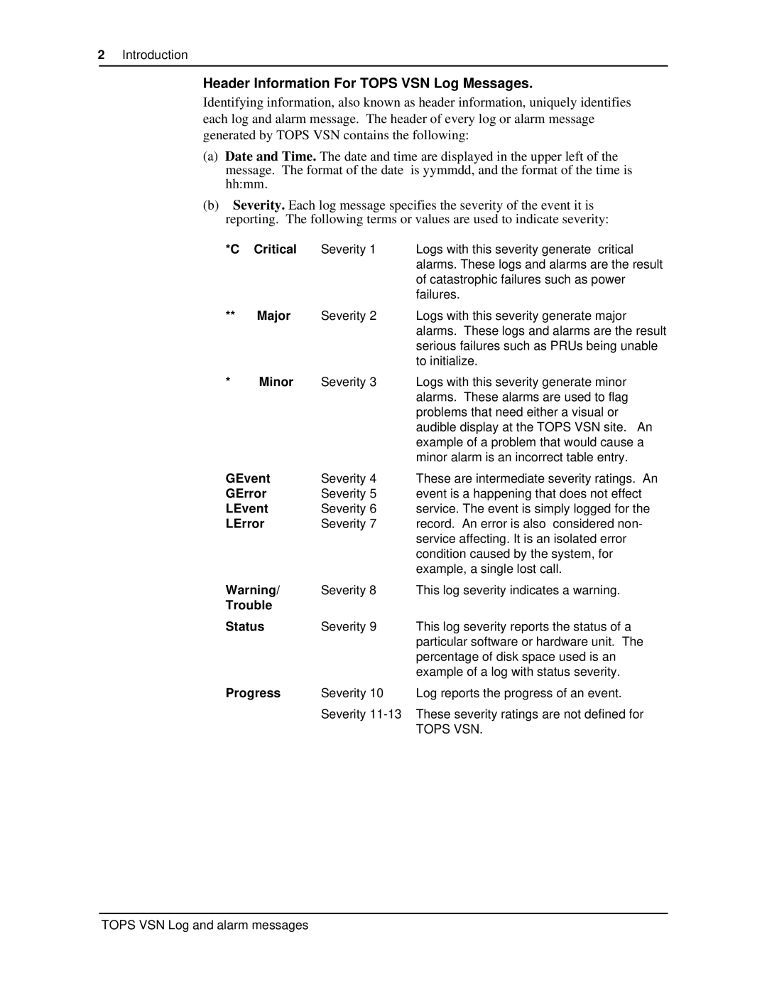 Nortel Networks VSN04 manual Critical, Major, Minor, GEvent, GError, LEvent, LError, Trouble Status, Progress 