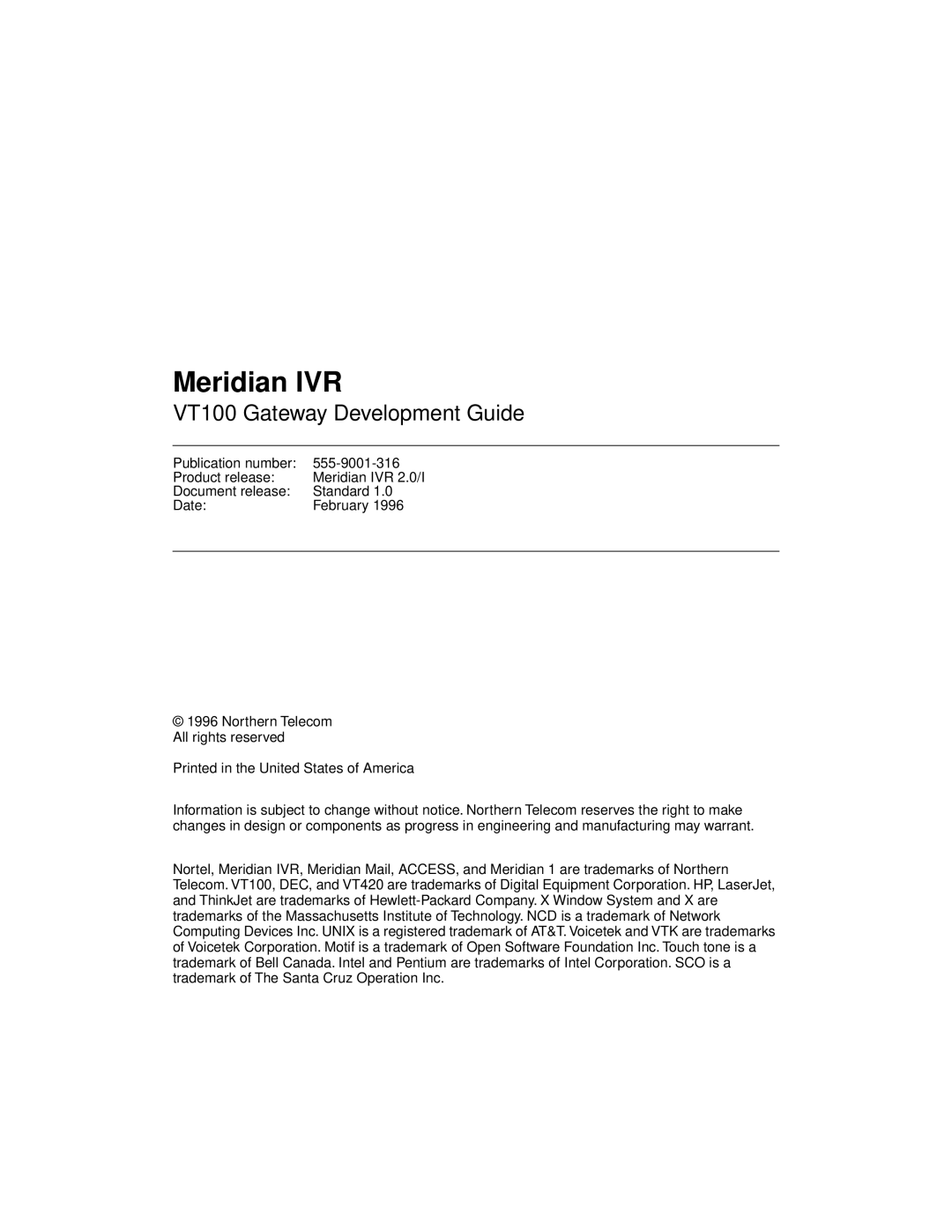 Nortel Networks VT100 manual Meridian IVR 