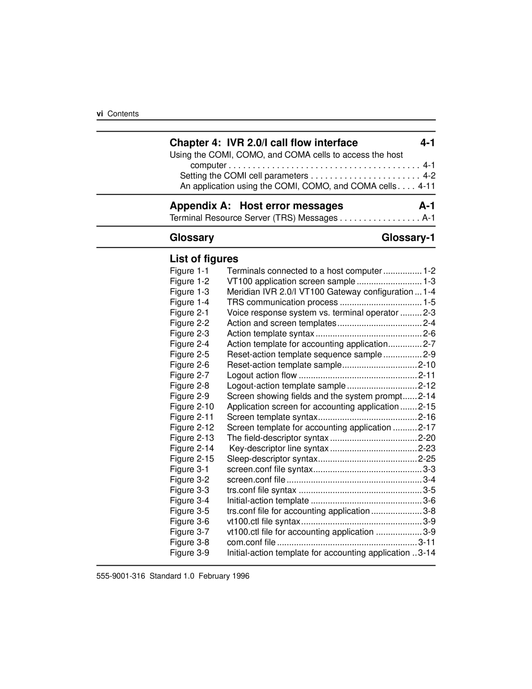 Nortel Networks VT100 IVR 2.0/I call flow interface, Appendix a Host error messages, Glossary Glossary-1 List of figures 