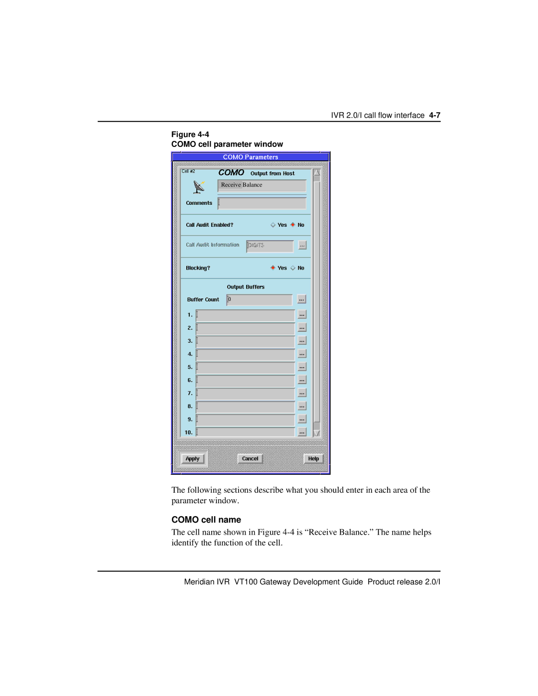 Nortel Networks VT100 manual Como cell name, Como cell parameter window 