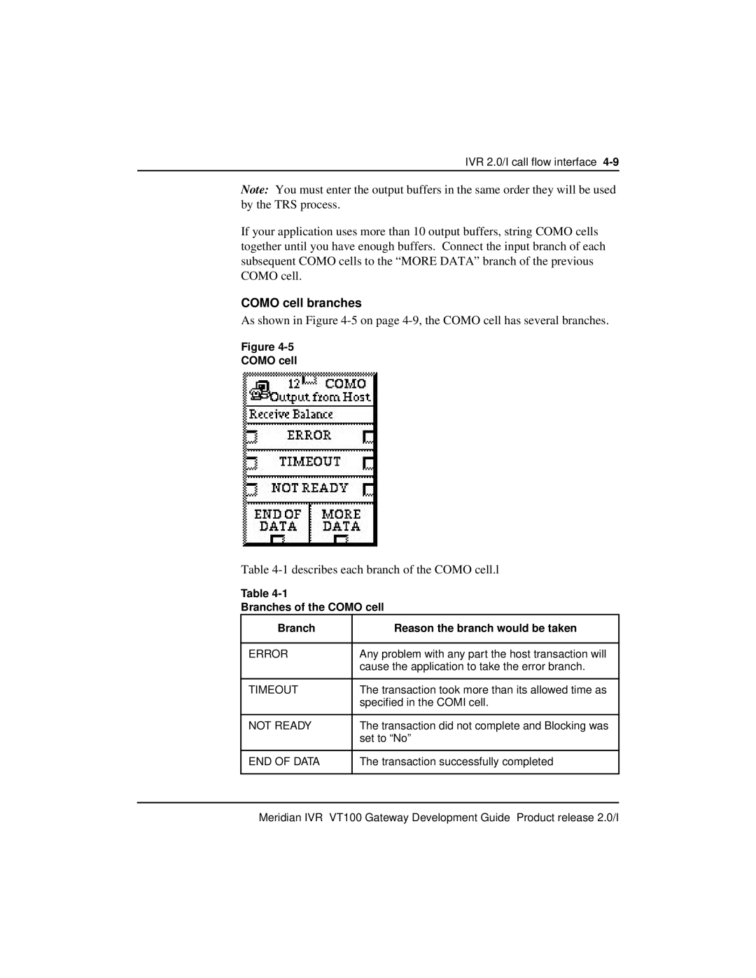 Nortel Networks VT100 manual Como cell branches, Branches of the Como cell Reason the branch would be taken 