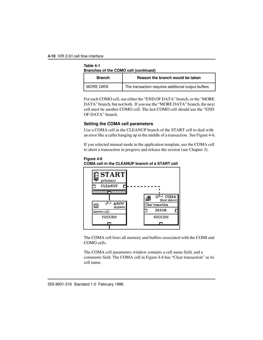 Nortel Networks VT100 manual Setting the Coma cell parameters, Coma cell in the Cleanup branch of a Start cell 