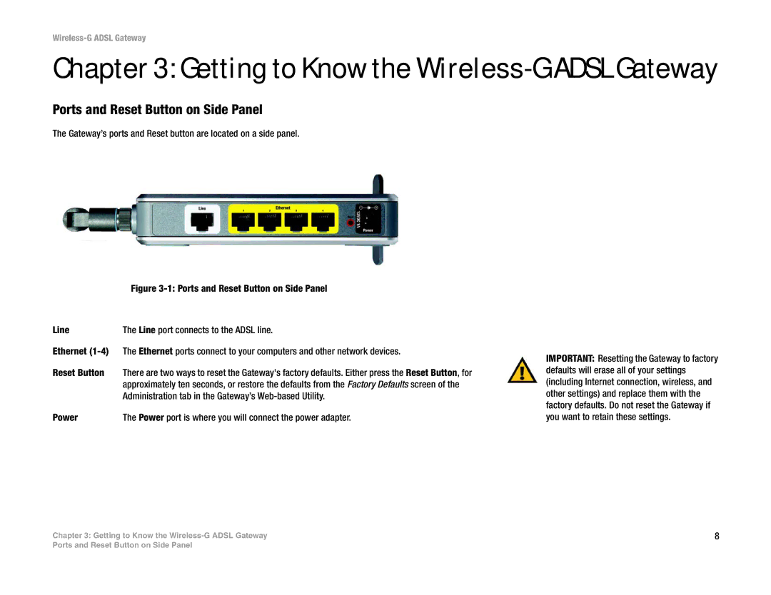 Nortel Networks WAG54G manual Getting to Know the Wireless-G Adsl Gateway, Ports and Reset Button on Side Panel 