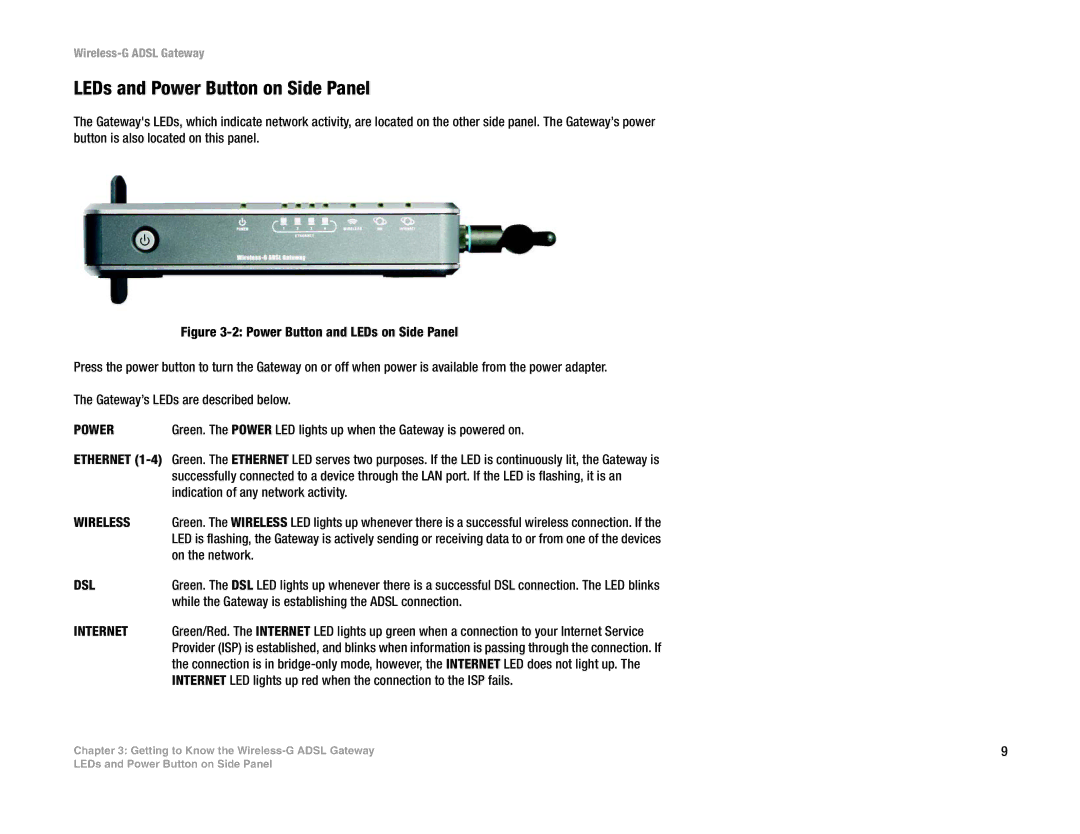 Nortel Networks WAG54G manual LEDs and Power Button on Side Panel 