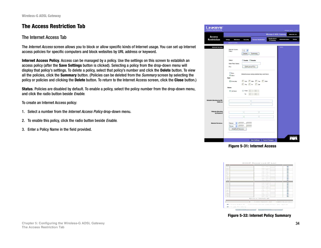 Nortel Networks WAG54G manual Access Restriction Tab, Internet Access Tab 