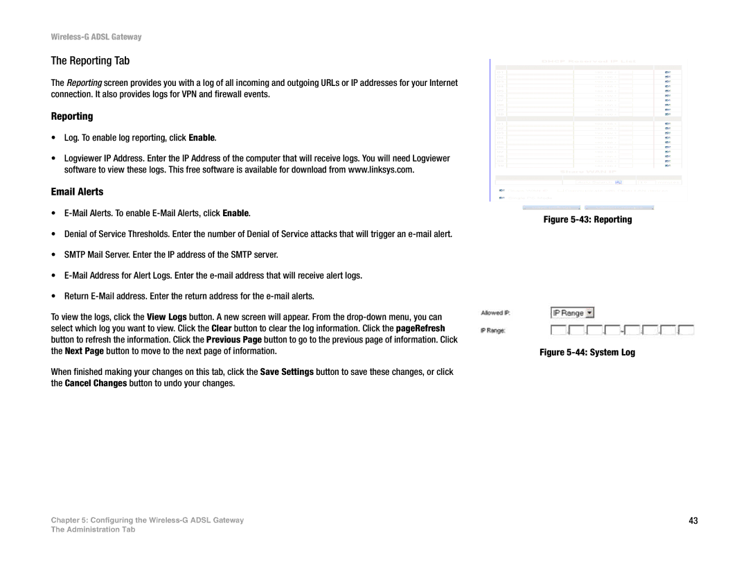 Nortel Networks WAG54G manual Reporting Tab, Email Alerts 