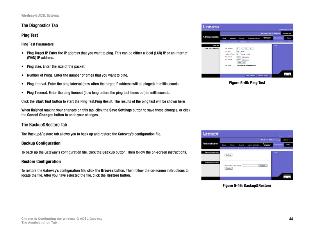 Nortel Networks WAG54G manual Diagnostics Tab, Backup&Restore Tab, Ping Test, Backup Configuration, Restore Configuration 