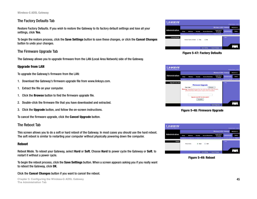 Nortel Networks WAG54G manual Factory Defaults Tab, Firmware Upgrade Tab, Reboot Tab, Upgrade from LAN 