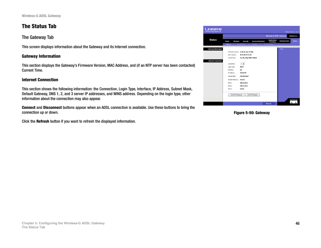 Nortel Networks WAG54G manual Status Tab, Gateway Tab, Gateway Information, Internet Connection 