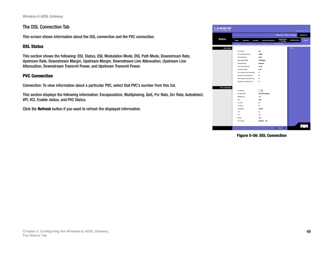 Nortel Networks WAG54G manual DSL Connection Tab, DSL Status, PVC Connection 