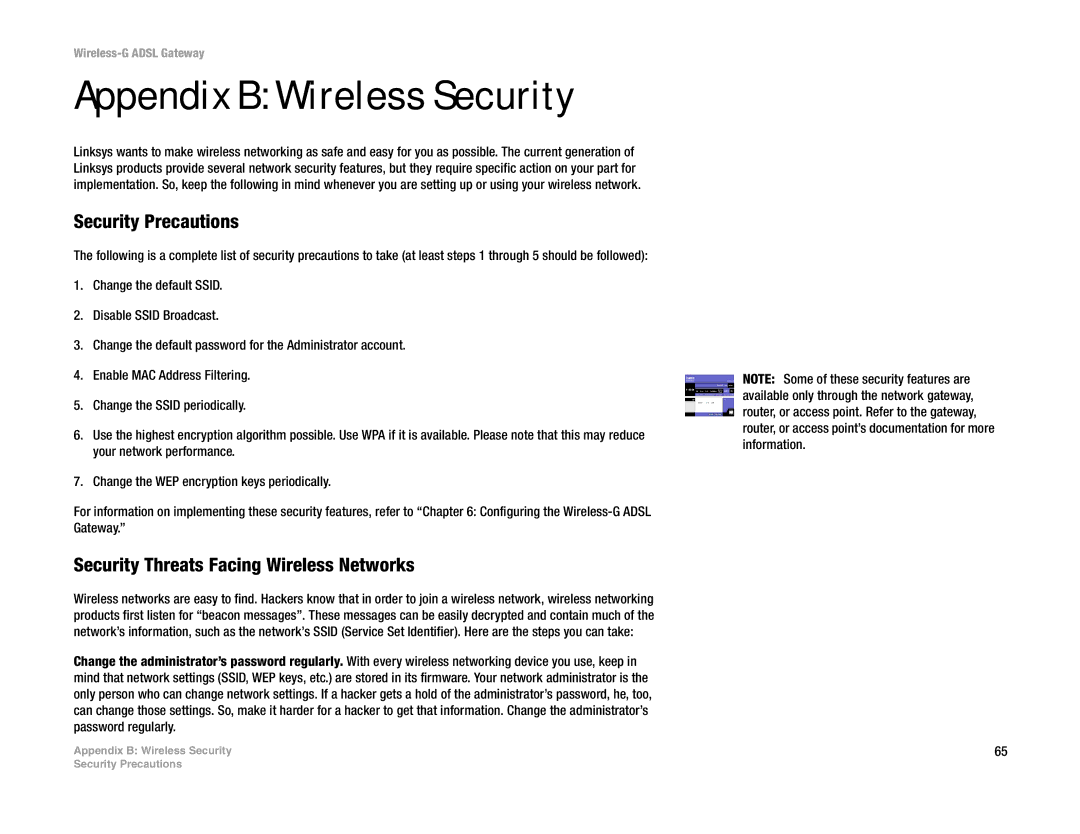 Nortel Networks WAG54G manual Appendix B Wireless Security, Security Precautions, Security Threats Facing Wireless Networks 