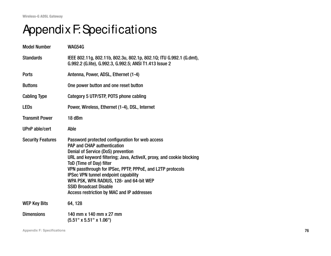 Nortel Networks WAG54G manual Appendix F Specifications 