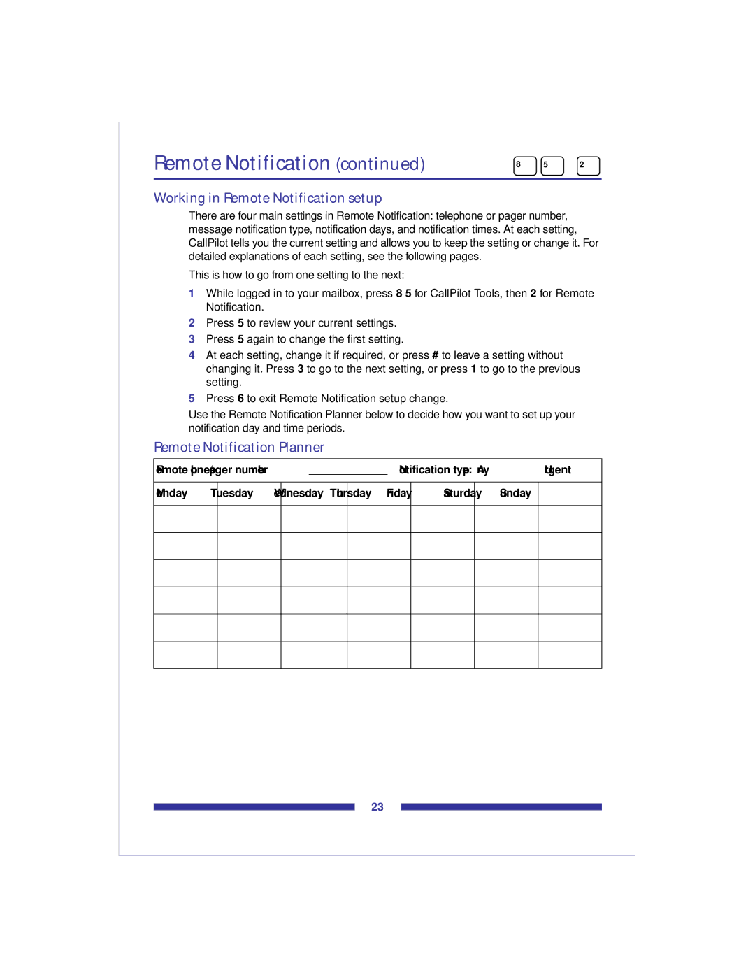 Nortel Networks X-6000 manual Working in Remote Notification setup, Remote Notification Planner 