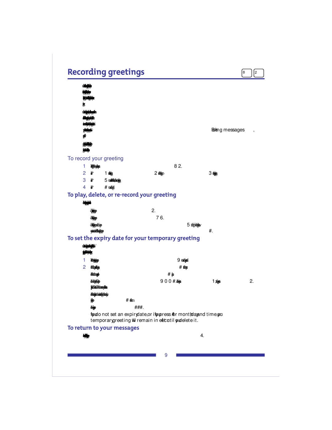 Nortel Networks X-6000 manual Recording greetings, To play, delete, or re-record your greeting 