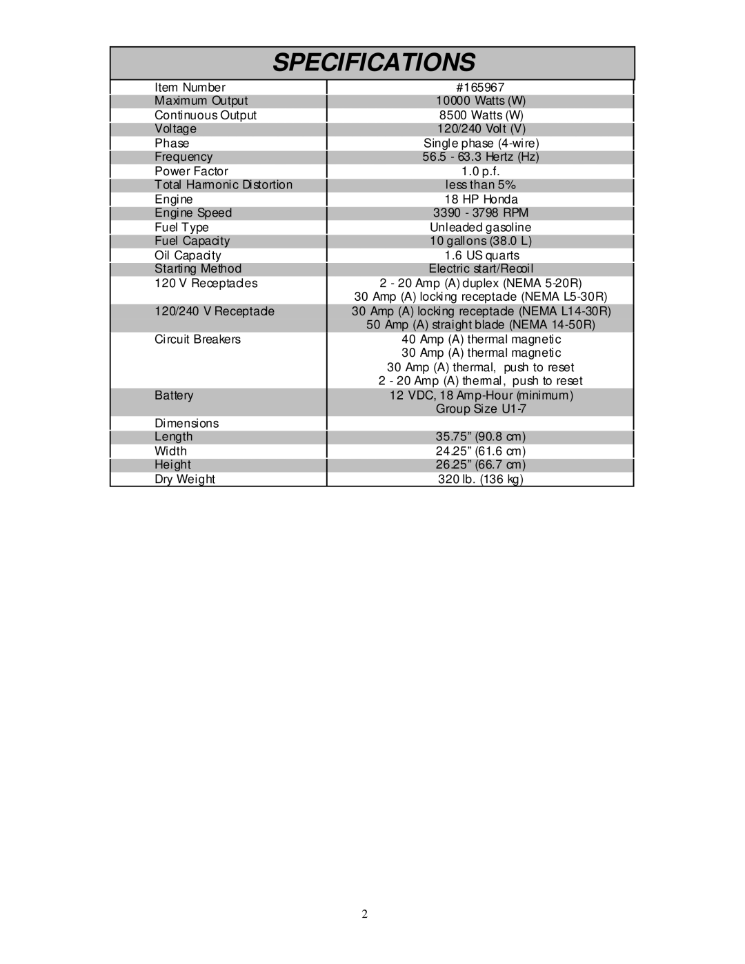 North Star 10000 PPG owner manual Specifications 