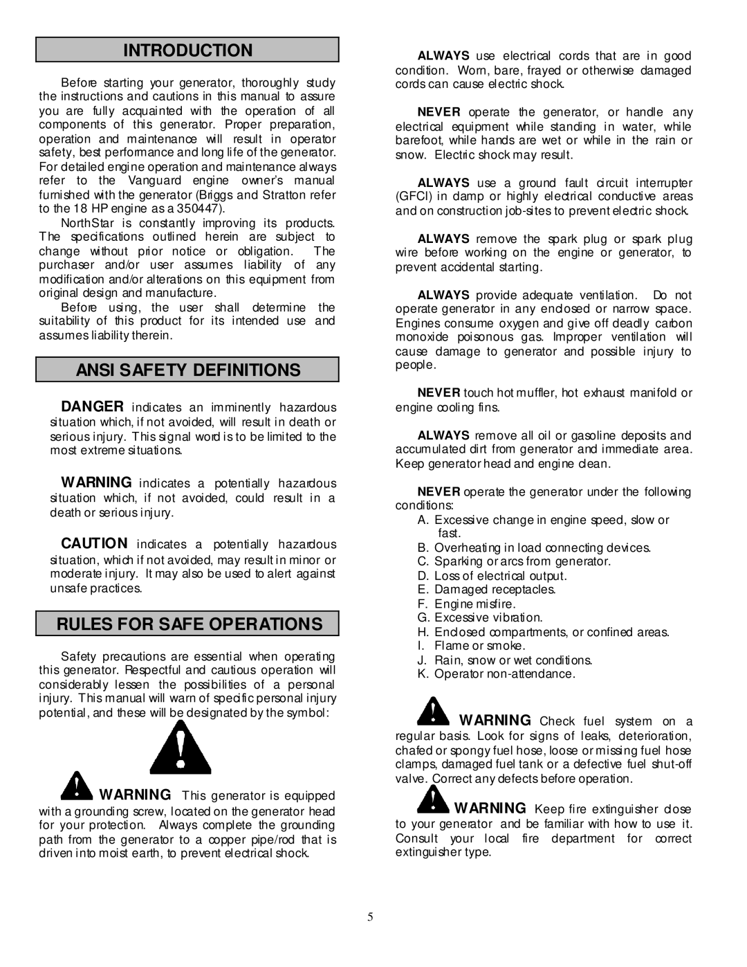 North Star 10000 PPG owner manual Introduction, Ansi Safety Definitions Rules for Safe Operations 