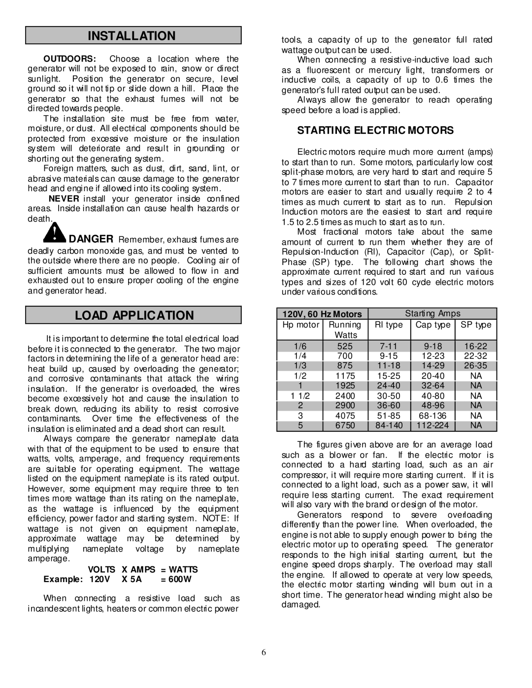 North Star 10000 PPG owner manual Installation, Load Application, Starting Electric Motors, 120V, 60 Hz Motors 