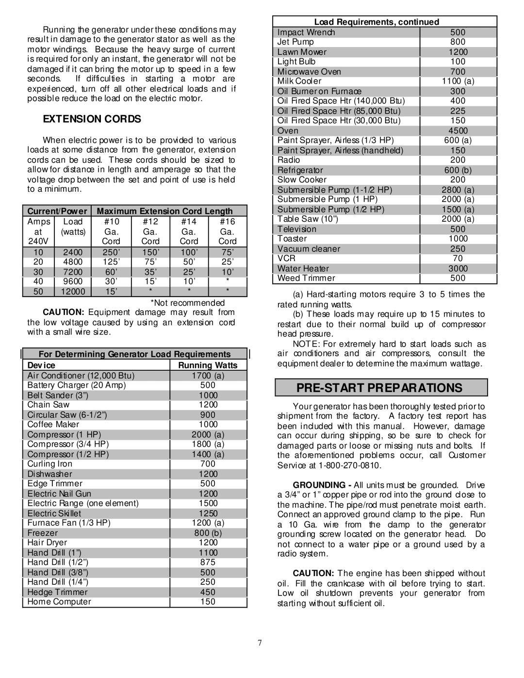 North Star 10000 PPG owner manual PRE-START Preparations, Extension Cords, Current/Pow er Maximum Extension Cord Length 