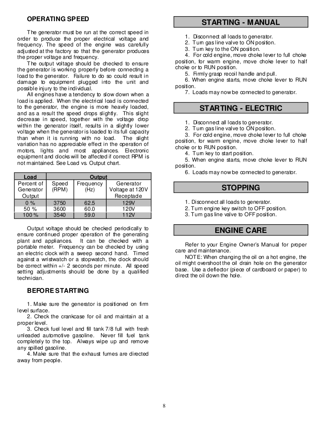 North Star 10000 PPG owner manual Starting Manual, Starting Electric, Stopping, Engine Care 