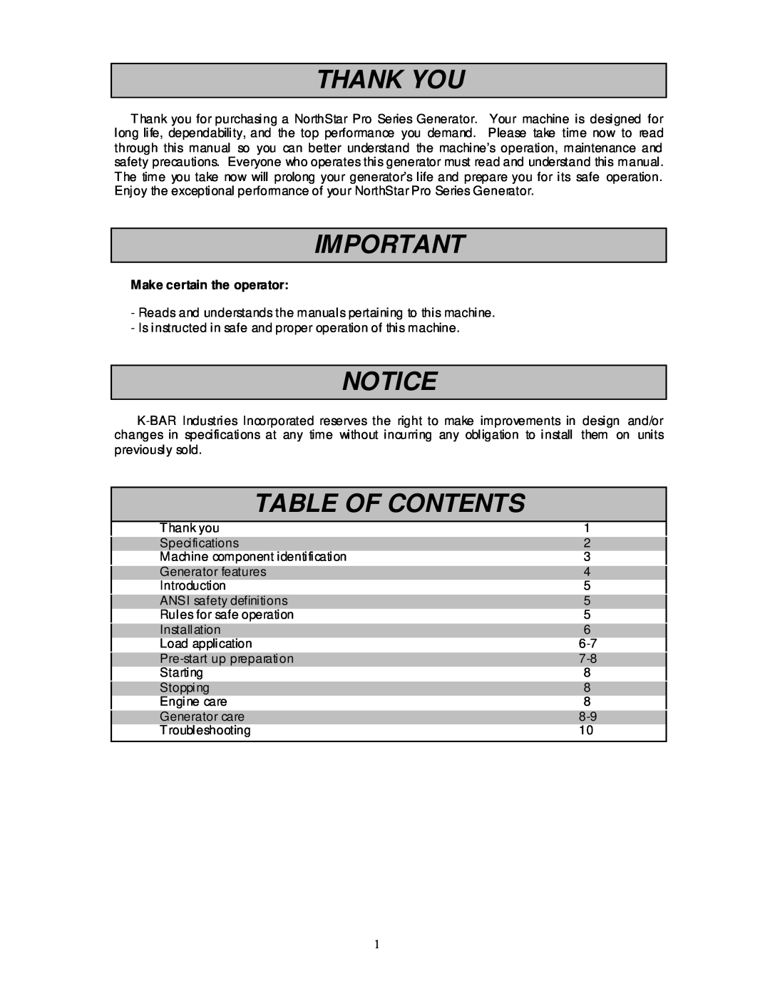 North Star 10000 PPG owner manual Thank You, Table Of Contents, Make certain the operator 