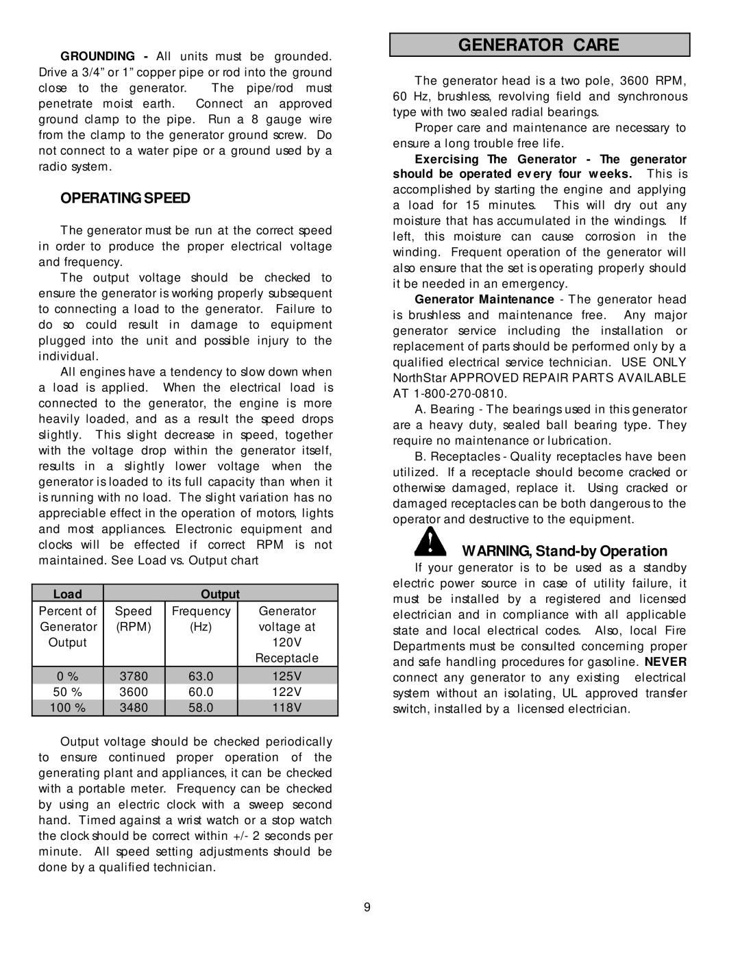 North Star 13000 PTOG owner manual Generator Care, Operating Speed, Load Output 