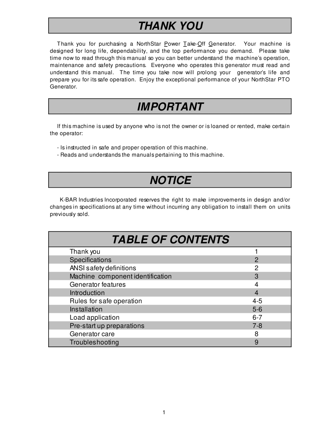 North Star 13000 PTOG owner manual Thank YOU, Table of Contents 