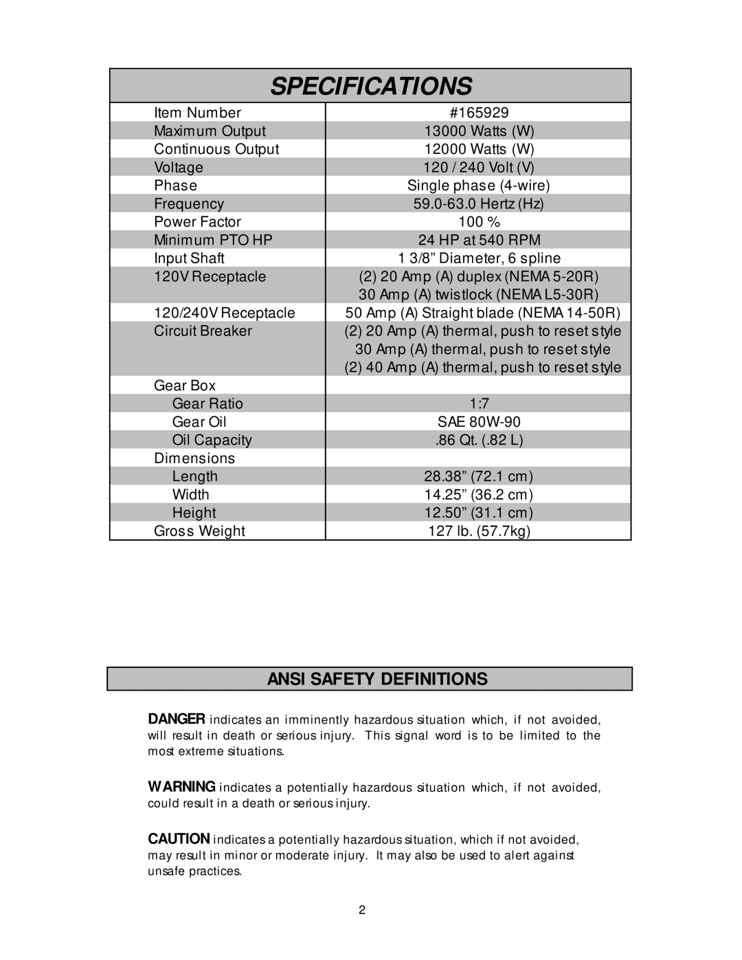 North Star 13000 PTOG owner manual Specifications, Ansi Safety Definitions 