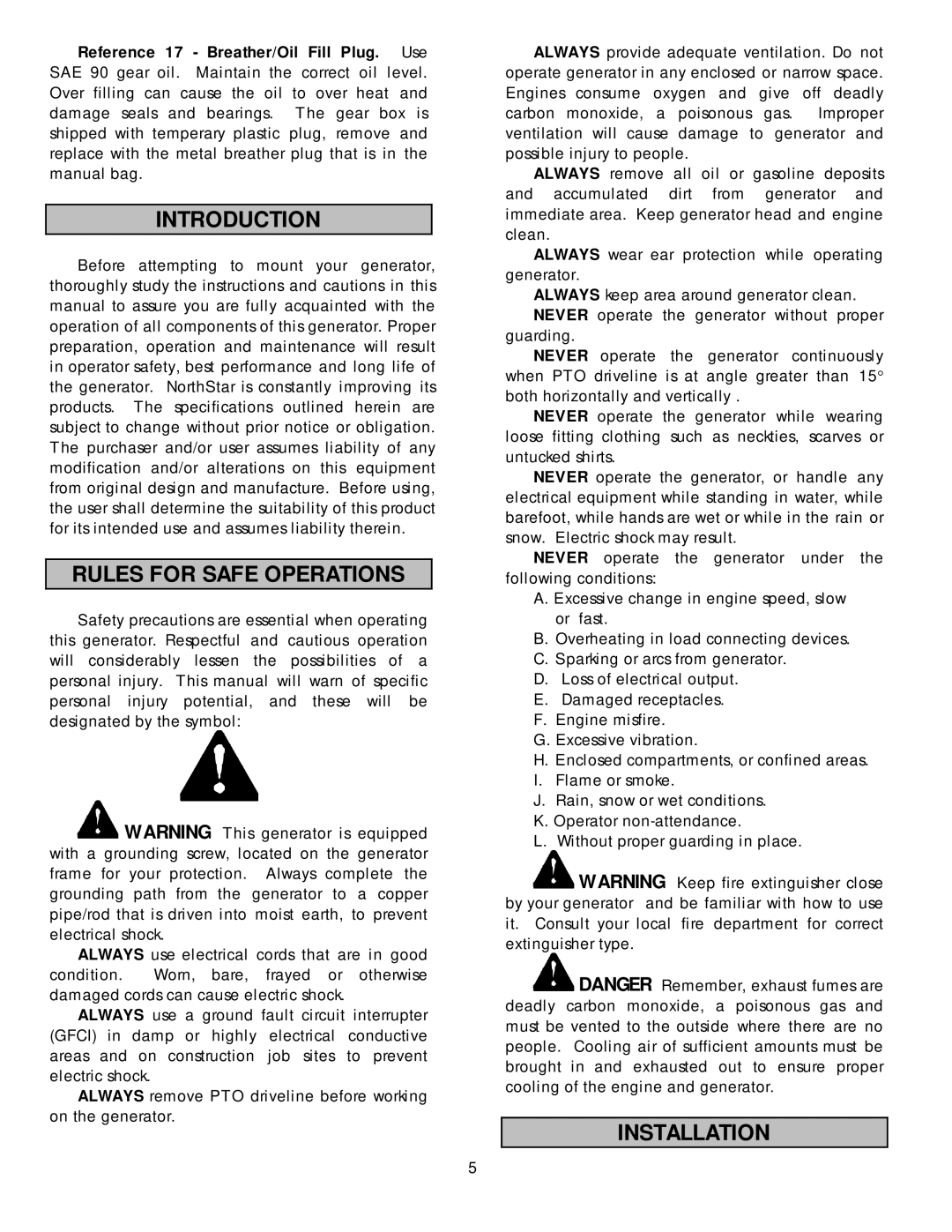 North Star 13000 PTOG owner manual Introduction, Rules for Safe Operations, Installation 