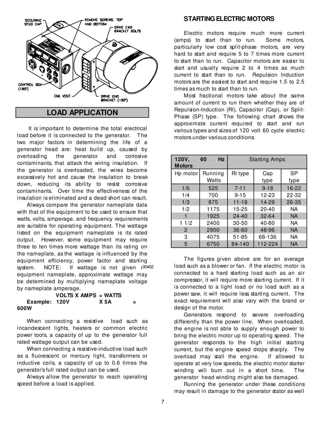 North Star 13000 PTOG owner manual Load Application, Starting Electric Motors 