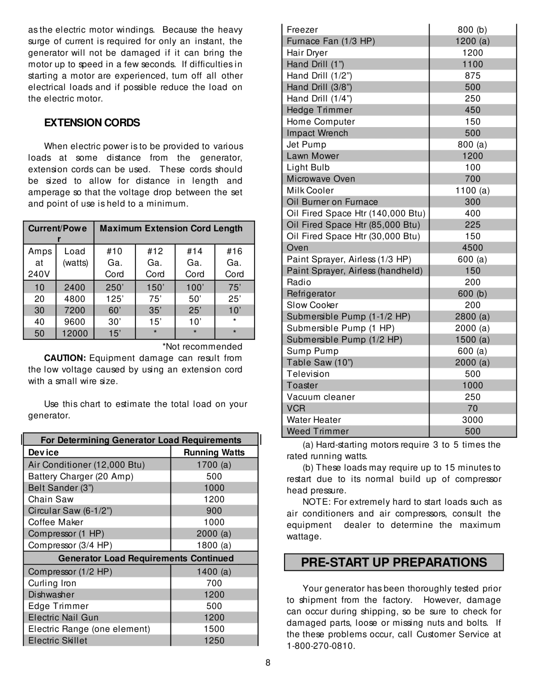 North Star 13000 PTOG owner manual PRE-START UP Preparations, Extension Cords, Current/Pow e Maximum Extension Cord Length 