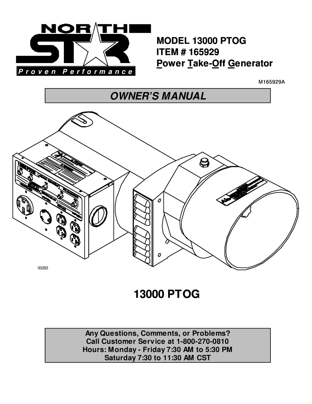 North Star owner manual Ptog, MODEL 13000 PTOG ITEM # Power Take-Off Generator, P r o v e n P e r f o r m a n c e 