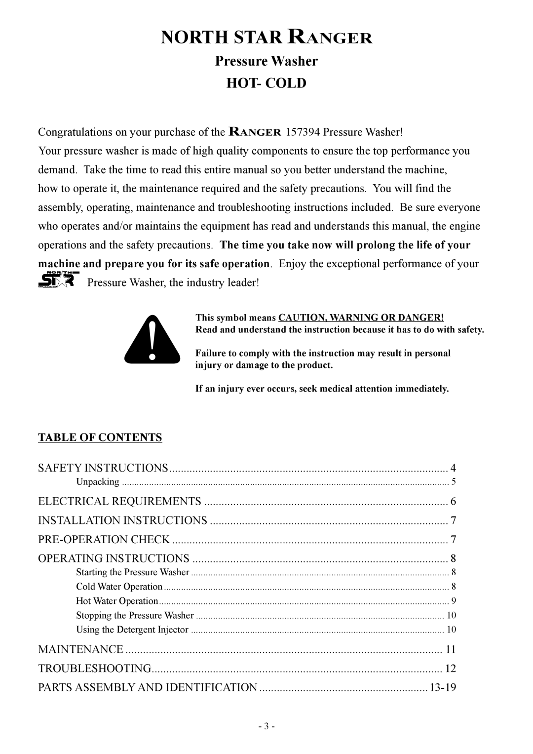 North Star 157394 manual North Star Ranger, Table of Contents 