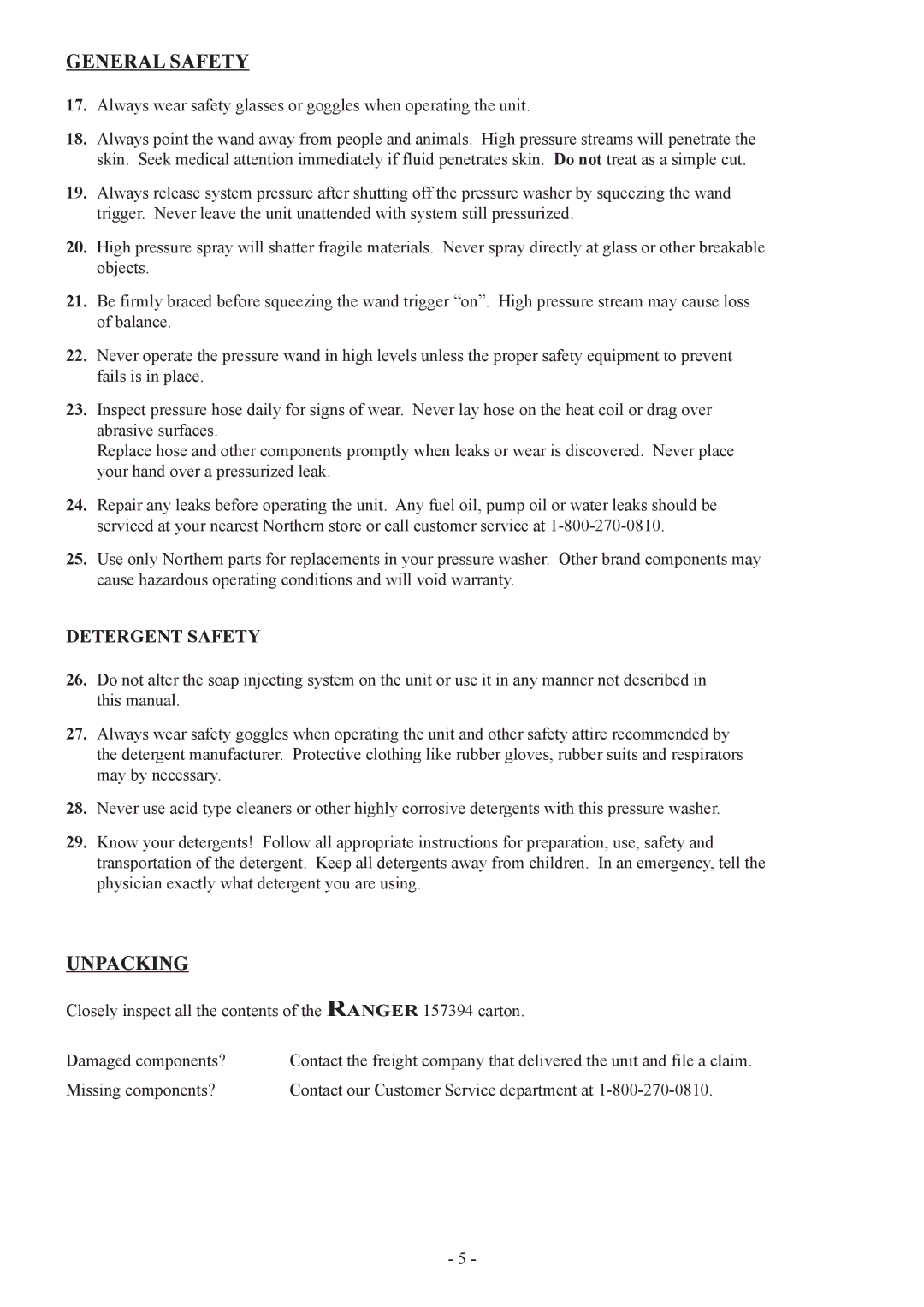 North Star 157394 manual General Safety, Unpacking, Detergent Safety 