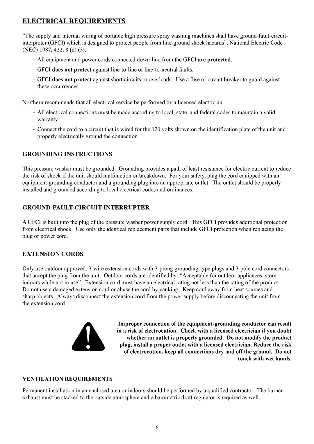 North Star 157394 manual Electrical Requirements, Grounding Instructions, Ground-Fault-Circuit-Interrupter, Extension Cords 