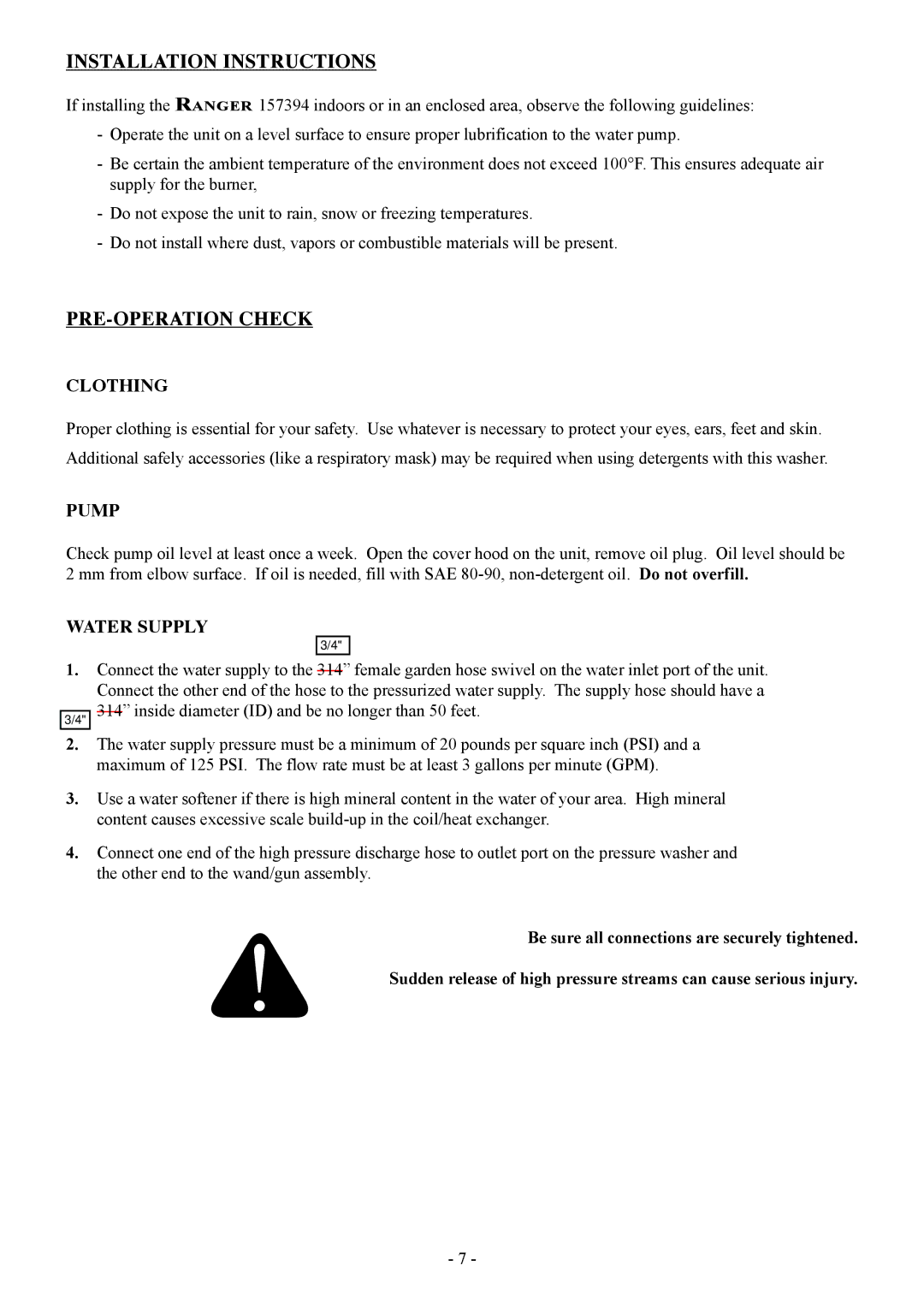 North Star 157394 manual Installation Instructions, PRE-OPERATION Check, Clothing, Pump, Water Supply 