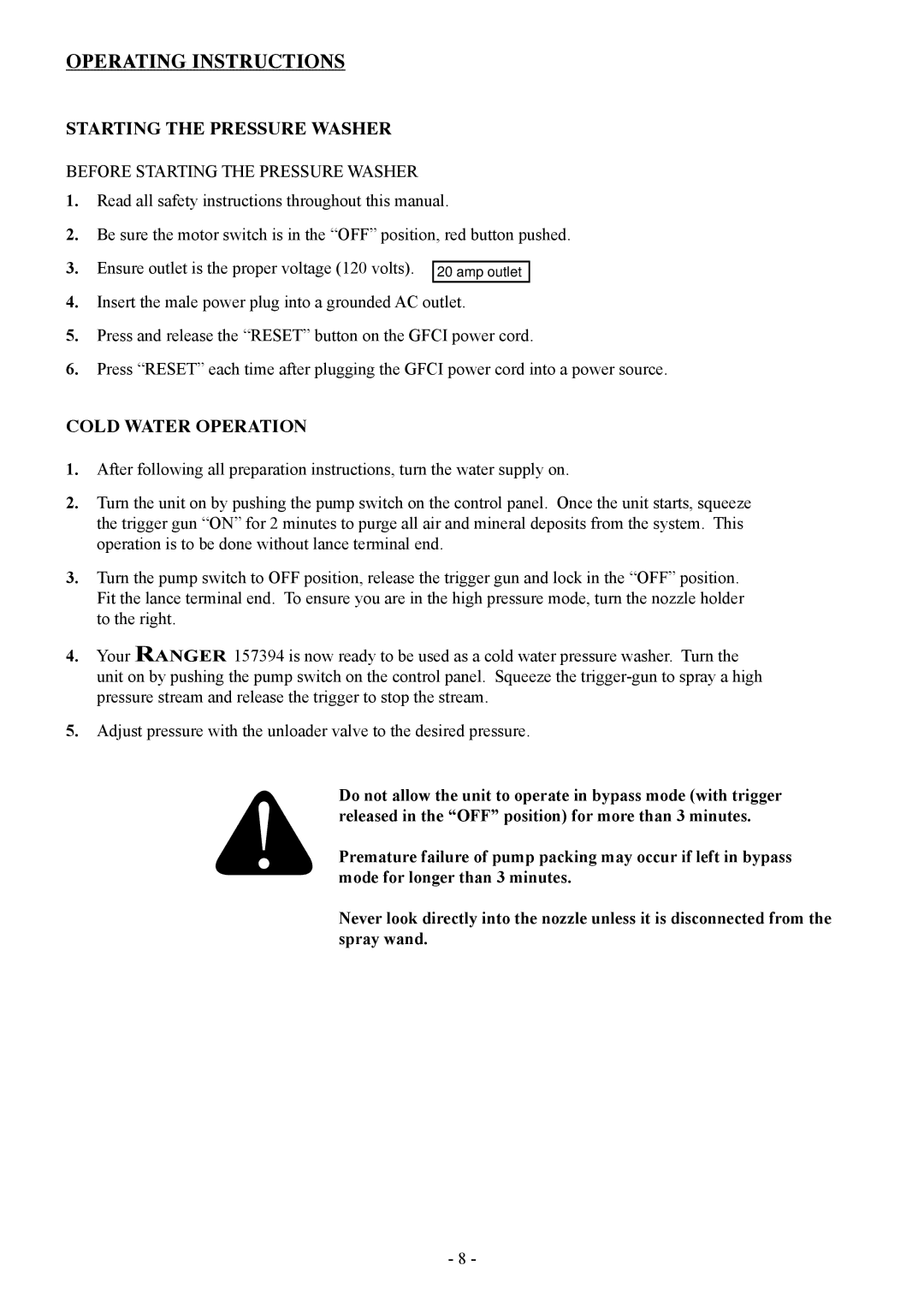 North Star 157394 manual Operating Instructions, Starting the Pressure Washer, Cold Water Operation 