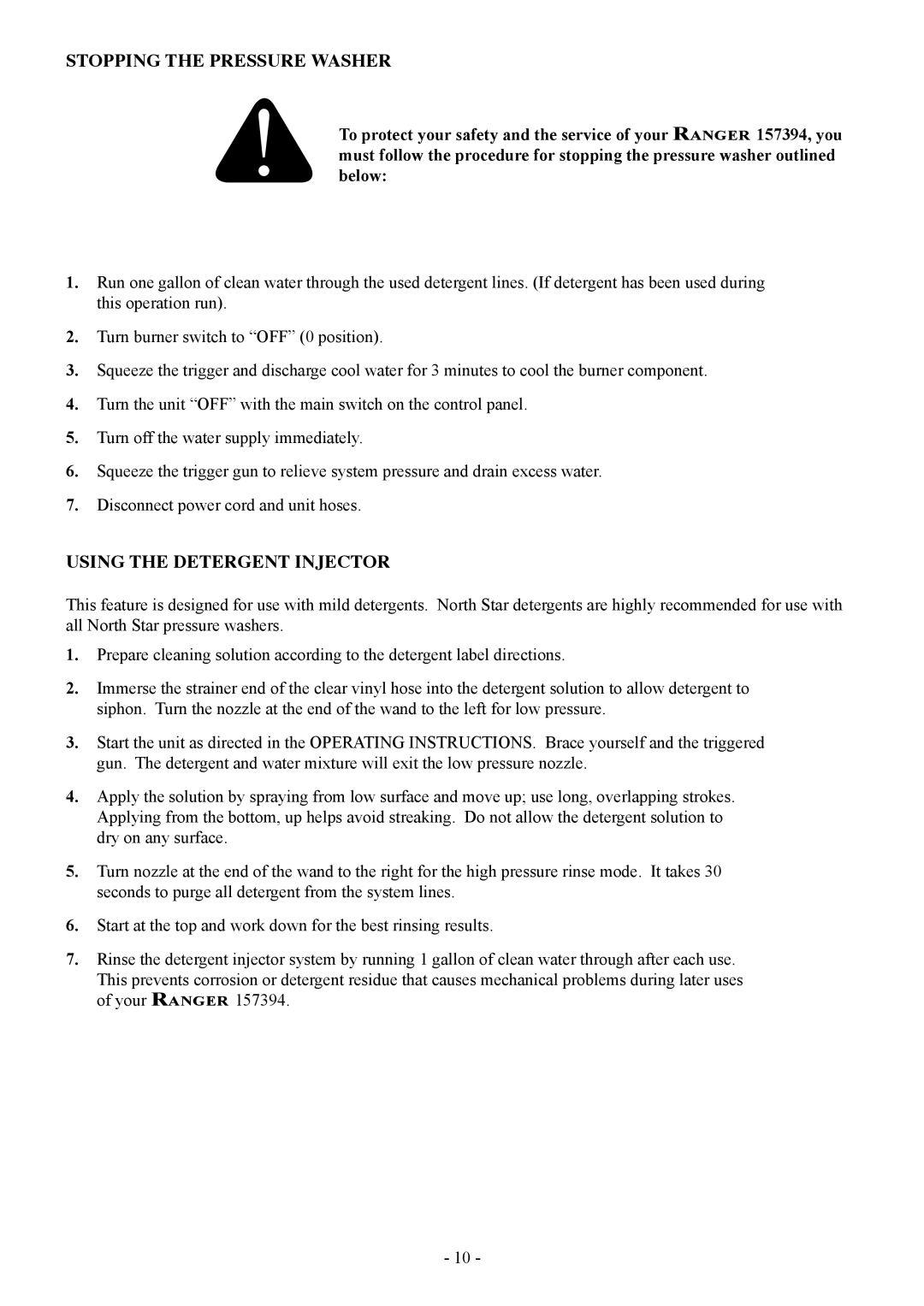 North Star 157394 manual Stopping the Pressure Washer, Using the Detergent Injector 