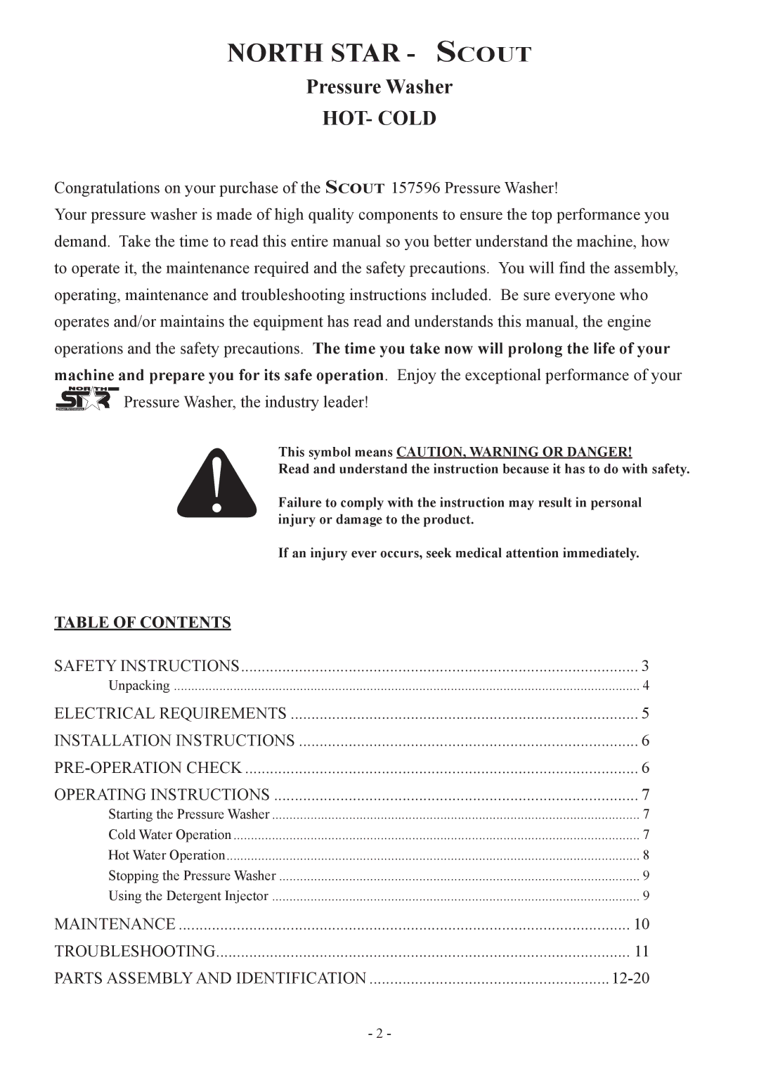 North Star 157596 manual North Star Scout, Table of Contents 