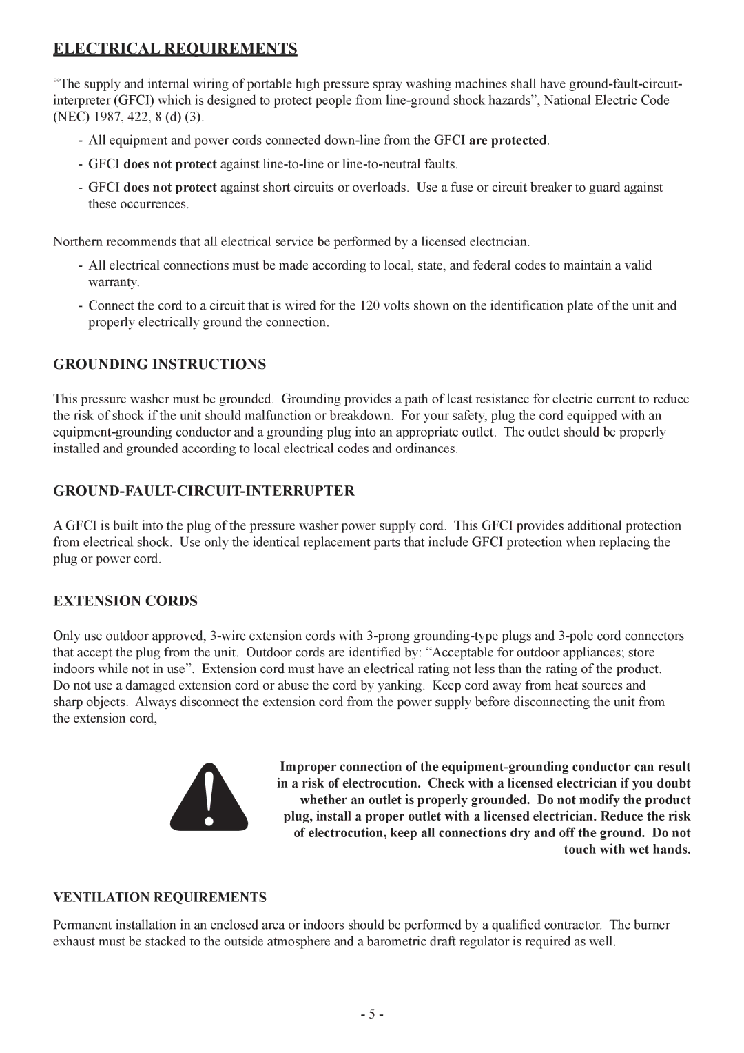 North Star 157596 manual Electrical Requirements, Grounding Instructions, Ground-Fault-Circuit-Interrupter, Extension Cords 