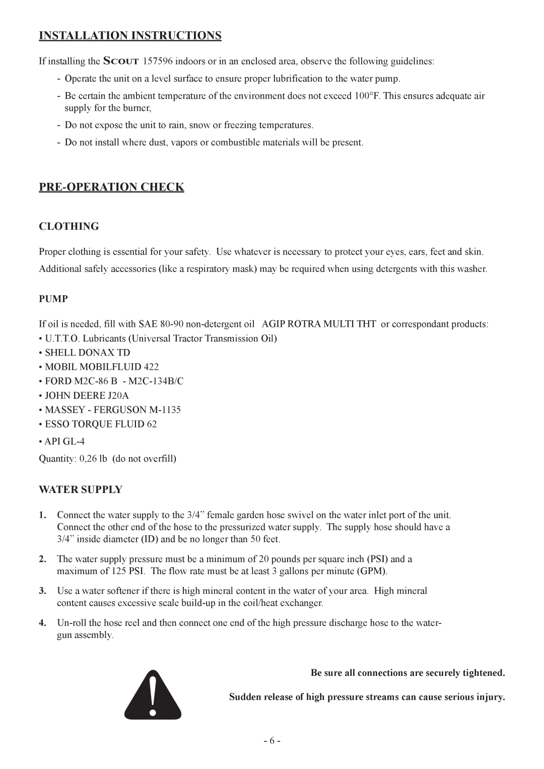 North Star 157596 manual Installation Instructions, PRE-OPERATION Check, Clothing, Water Supply 