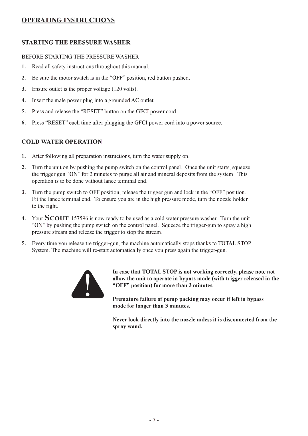 North Star 157596 manual Operating Instructions, Starting the Pressure Washer, Cold Water Operation 