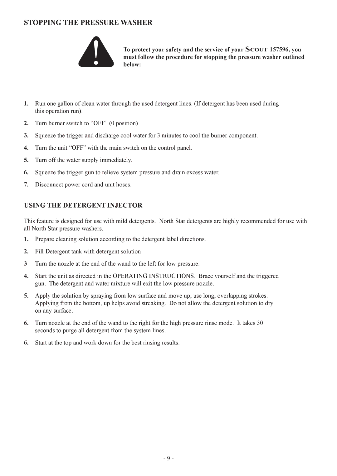 North Star 157596 manual Stopping the Pressure Washer, Using the Detergent Injector 