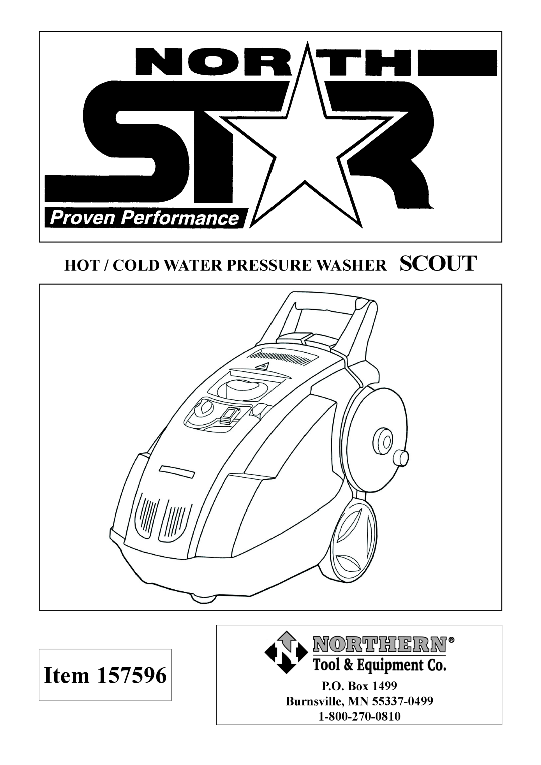North Star 157596 manual Hot / Cold Water Pressure Washer Scout, P.O. Box Burnsville, MN 