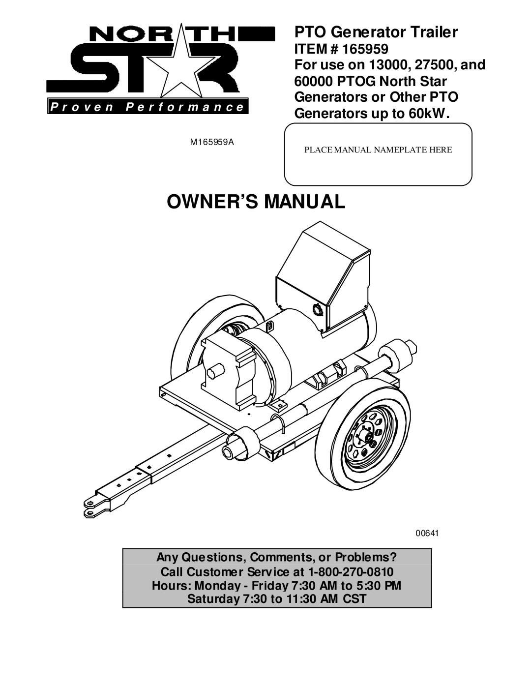 North Star 165959 owner manual PTO Generator Trailer 