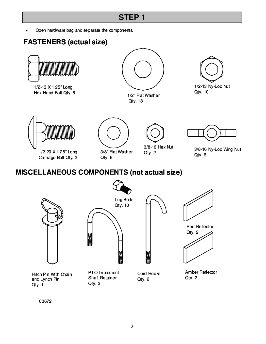 North Star 165959 owner manual Step, FASTENERS actual size, MISCELLANEOUS COMPONENTS not actual size 