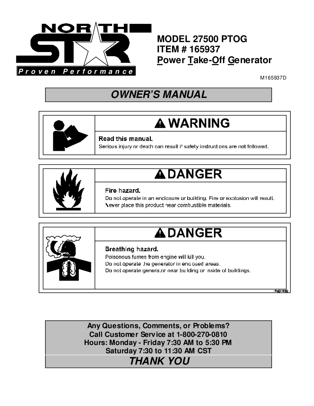 North Star owner manual Thank YOU, Model 27500 Ptog Item # Power Take-Off Generator 