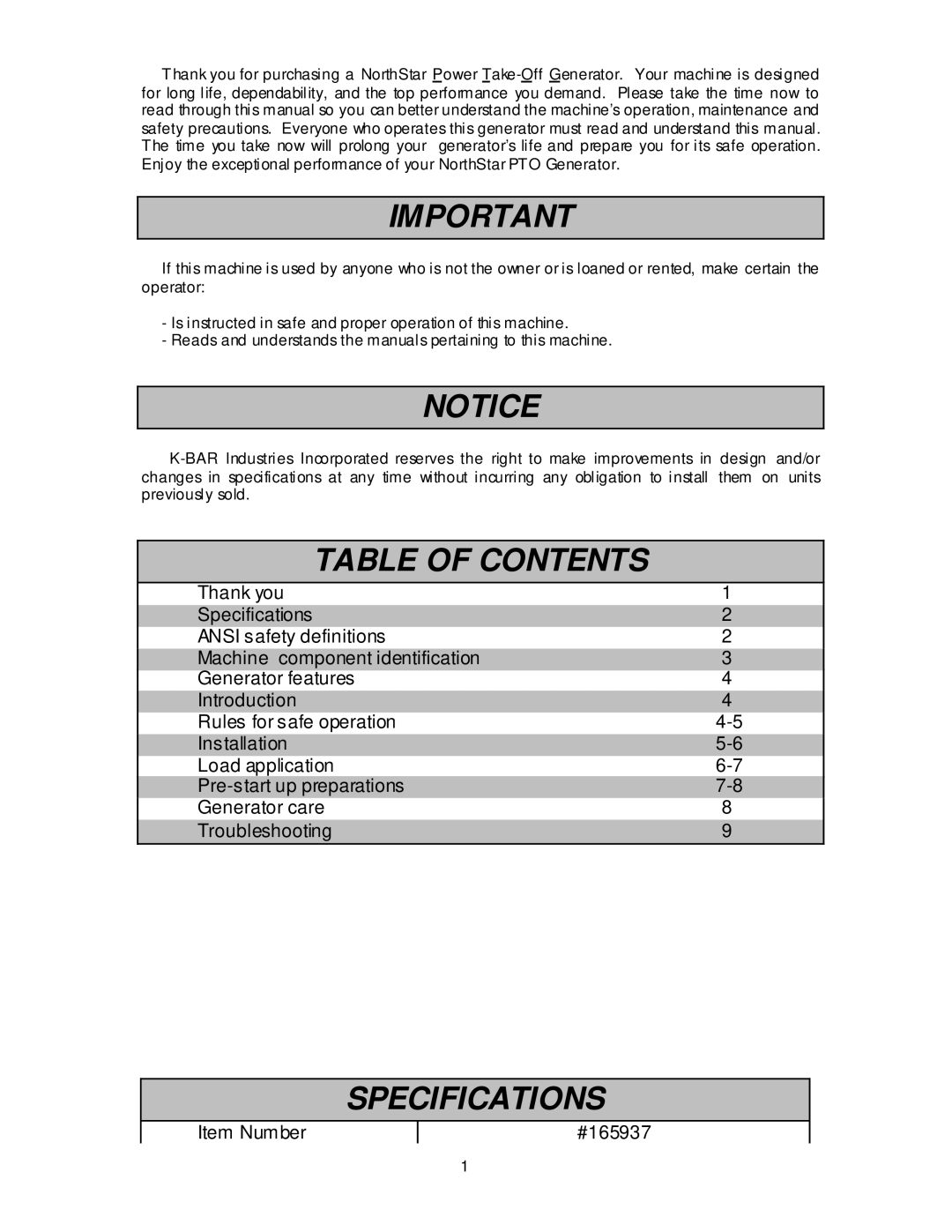 North Star 27500 owner manual Table of Contents, Specifications 