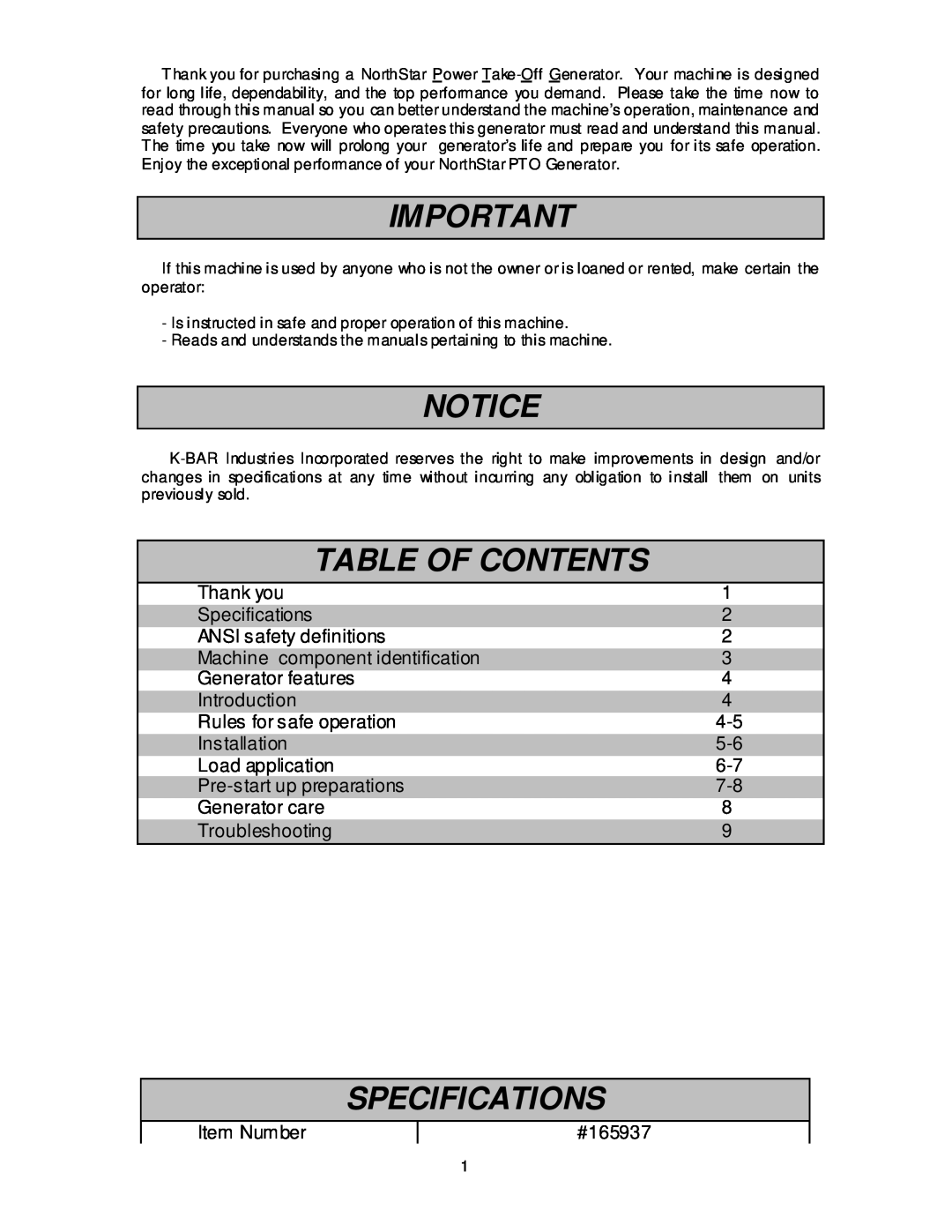 North Star 27500 owner manual Table Of Contents, Specifications 