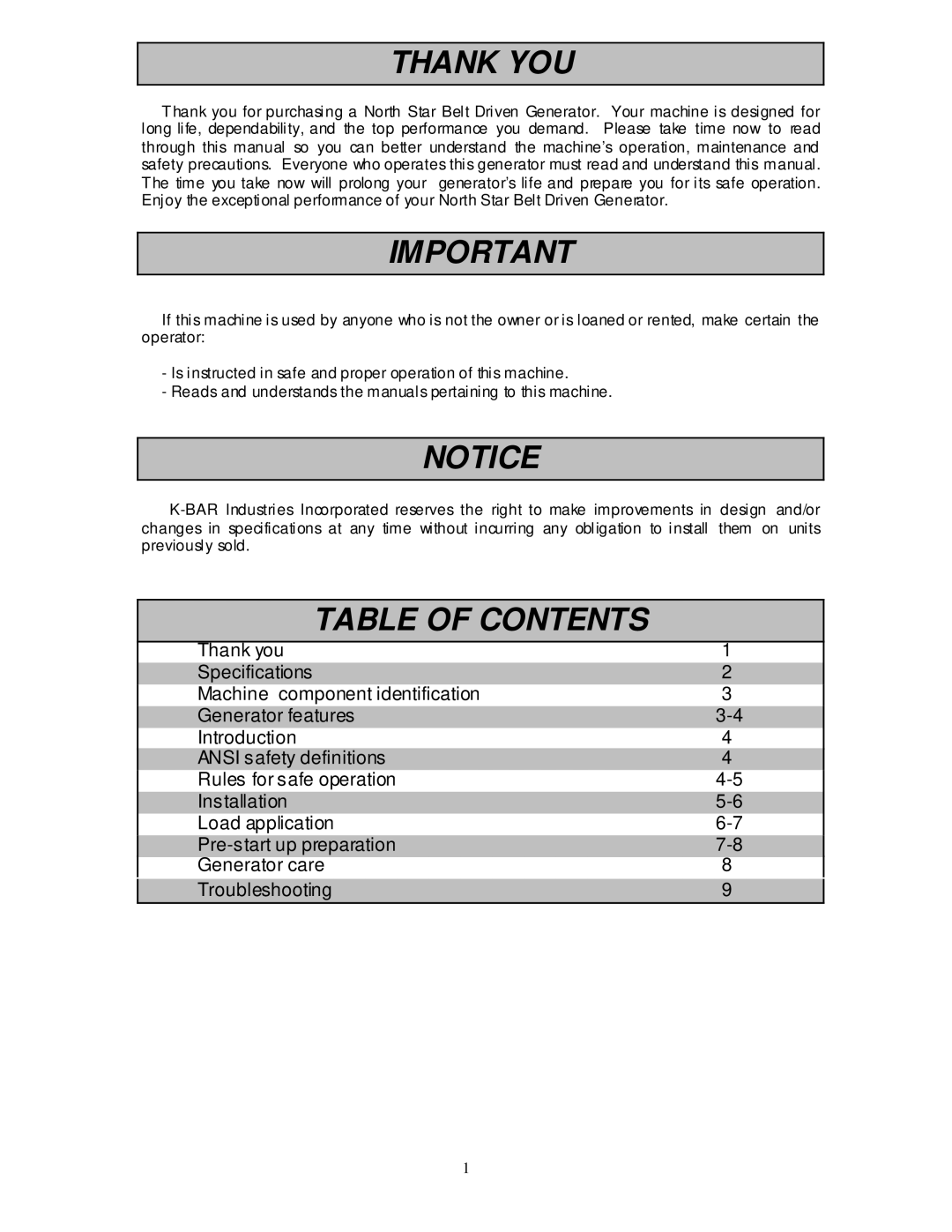 North Star 2900 owner manual Thank YOU, Table of Contents 