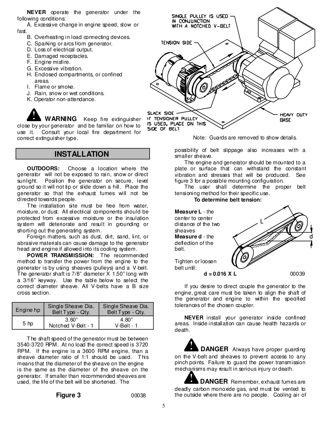 North Star 2900 owner manual Installation, To determine belt tension Measure L, Measure d, = 0.016 X L 